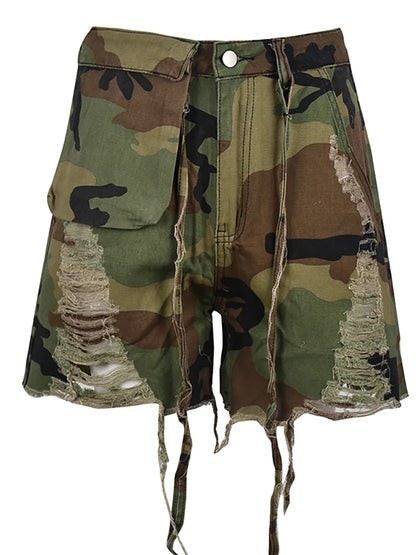 Fashion Women's Denim Shorts High Waist Loose Camouflage Tassels