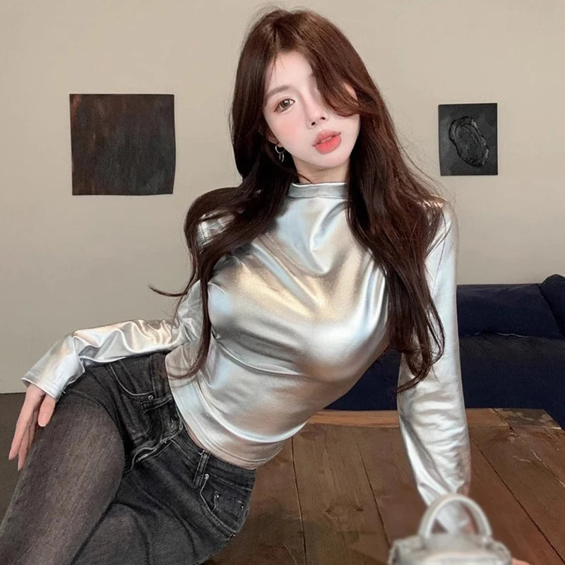 Women's Turtleneck Glossy Blouse Slim Fit Long Sleeve T-Shirt Tops Shiny Strecth Solid Tee Tops