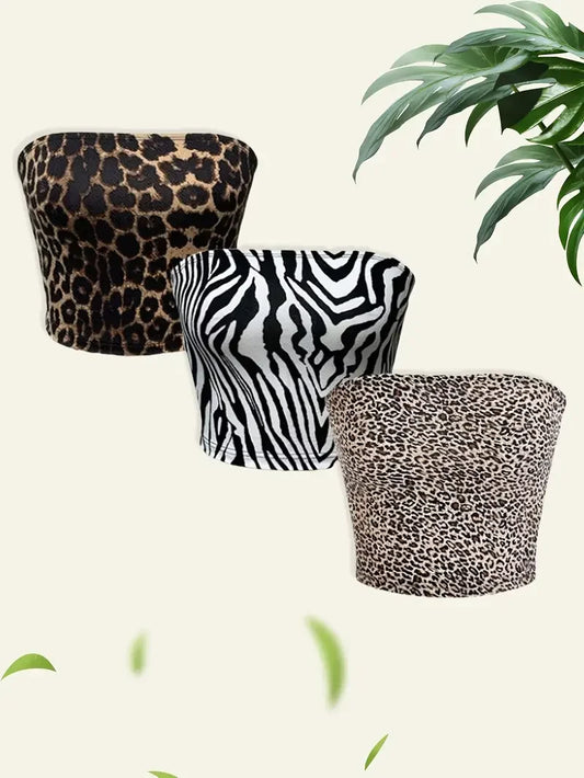 Allover print strapless crop top in a patterned design for casual summer wear.