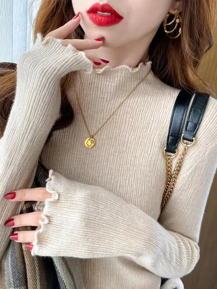 Turtleneck Ruched Women Sweater High Elastic Solid 2024 Fall Winter Fashion Sweater Women Slim Sexy Knitted Pullovers Pink White