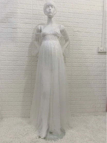 Photography Props Maternity Dress - Pearl White Yarn Babyshower Gown