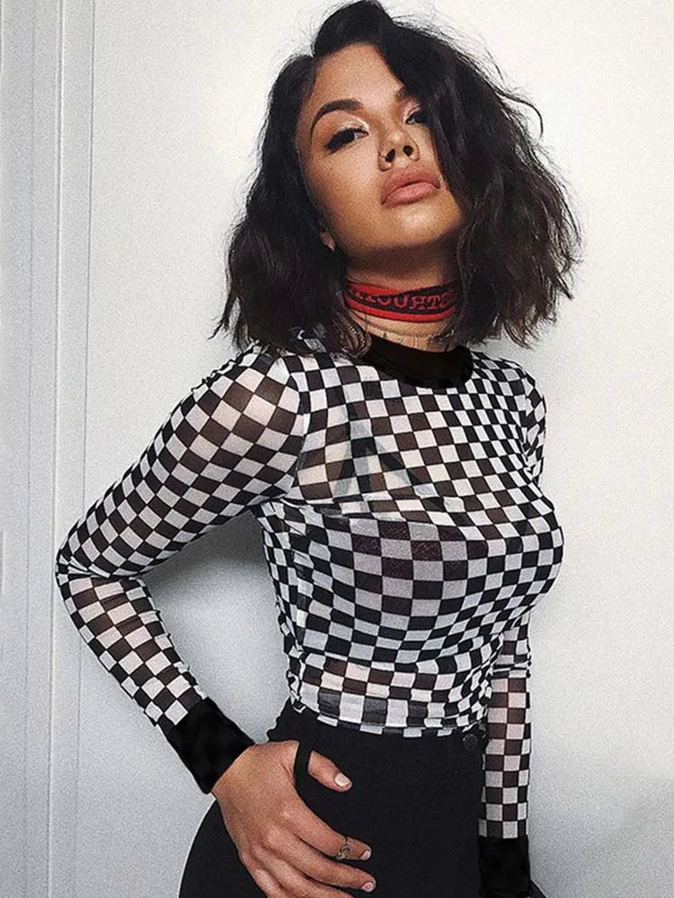 Sexy black white plaid checkerboard t-shirts for women Hollow out slim top female t-shirt long sleeve tee shirts