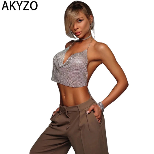 AKYZO Sultry Rhinestone Crop Tank Top Dazzling Embellishments Flattering Halter Neck Sultry Backless Cutout Delicate Chain Strap