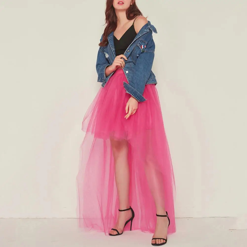 Tulle Skirt Elastic High Waist Solid Color Party