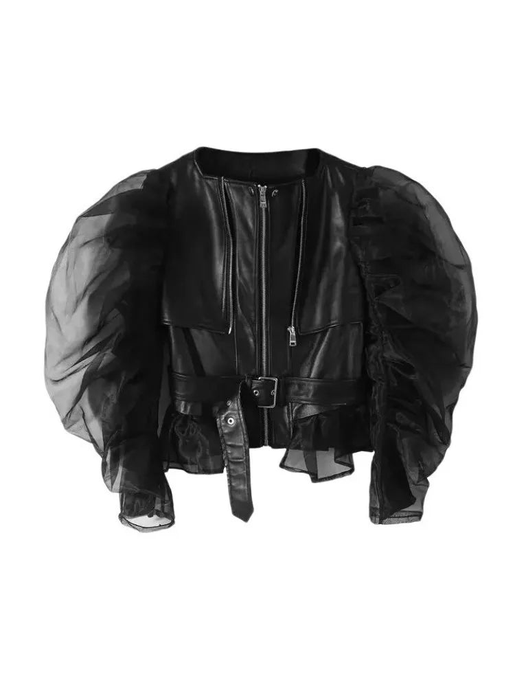 Punk Style Women Genuine Leather Jacket Patchwork Puff Sleeve Sheepskin Coat