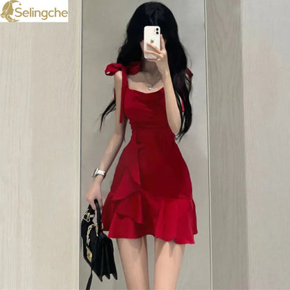 Red Camisole Dress Women Spring Summer New Waist Reduction Slimming Short Skirt