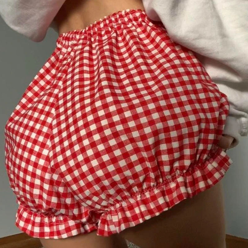 Plaid Pajama Shorts Elastic Ruffle Trim Kawaii Cottage Retro