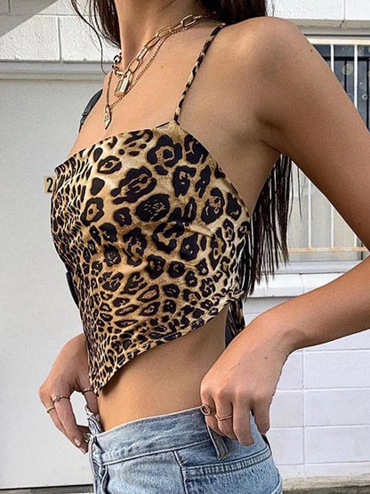 Leopard Pattern Women Tank Tops Backless Sexy Rave Outfits Sleeveless Cross Lace Up Bralette Crop Top Summer Streetwear