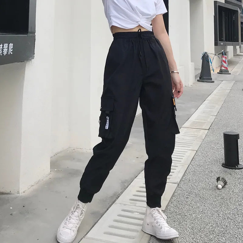 Black Cargo Pants Women's Wide Leg Hiphop Streetwear Loose