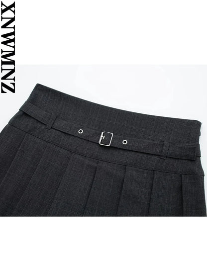 Women's Fashion Autumn Box Pleat Skort Vintage Belt Mini Skirt