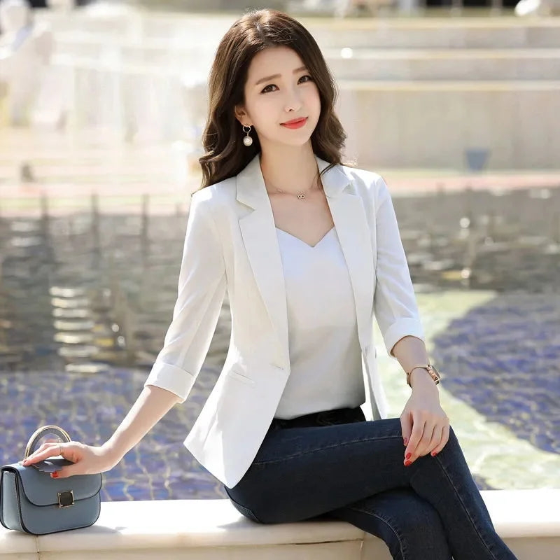 Summer Women Blazer Three Quarter Sleeves Lapel Notch Collar Plus Size Coat