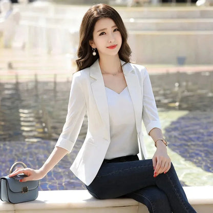 Summer Women Blazer Three Quarter Sleeves Lapel Notch Collar Plus Size Coat