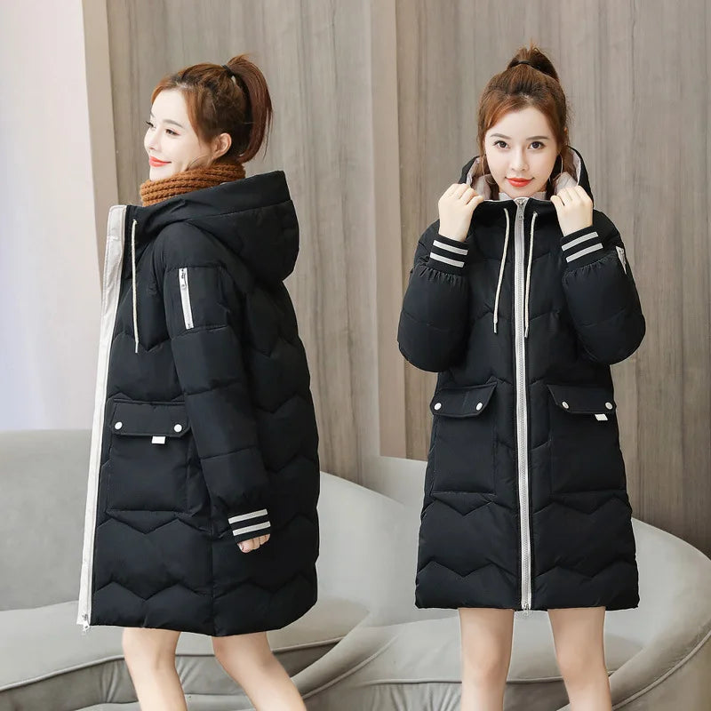 Winter Coat Mid-length Parkas - Cotton Padded Hooded, Warm Casual Overcoat