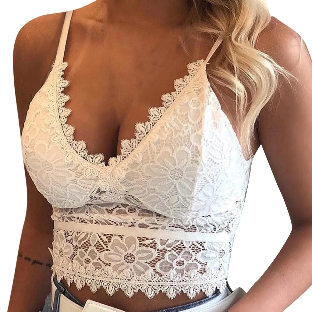 Sexy Lace Hollowing Mesh See Through Slim Backless Halter Crop Top Spaghetti Strap Sheer Embroidery Camisole Vest Corset