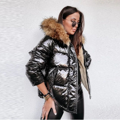 Women's Shiny PU Jacket - Big Fur Collar, Hooded Down Cotton Coat