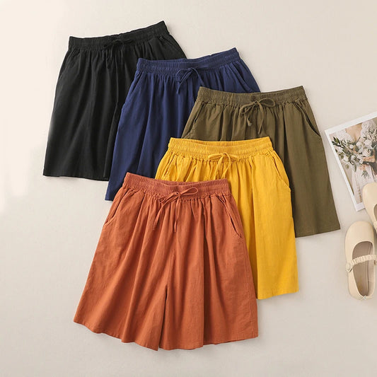 Linen High Waist Wide Leg Shorts Retro Casual Pants