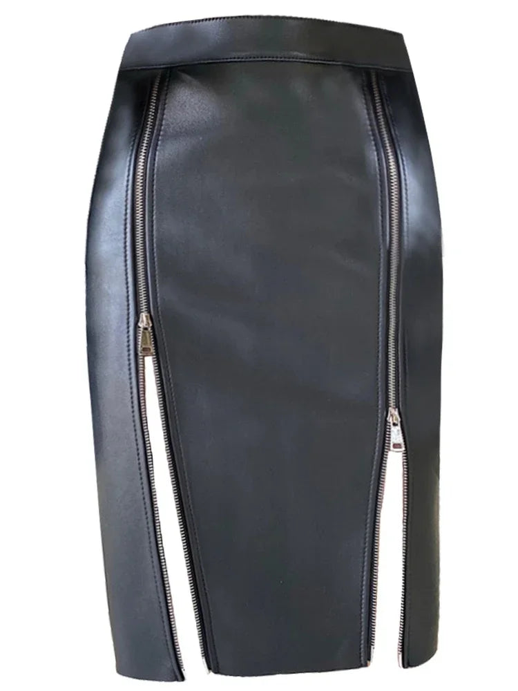 Vintage Black Faux Leather Midi Skirt Women's Fashion