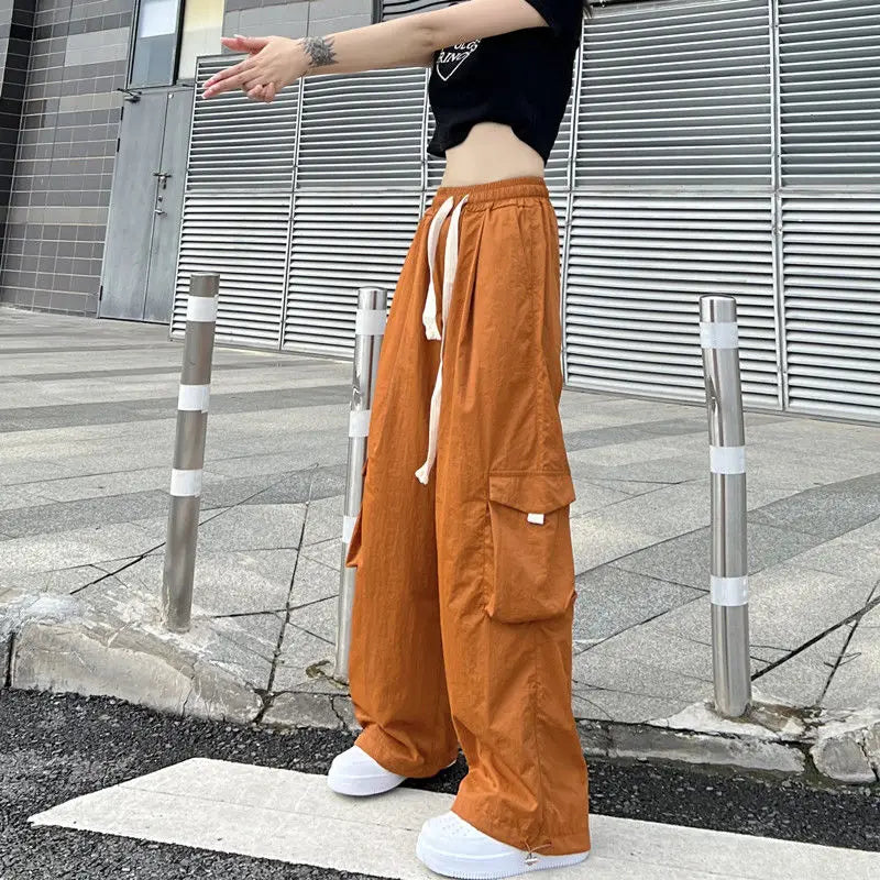 Streetwear Women's Oversize Solid Cargo Pants Elastic Waist Drawcord Loose Harajuku