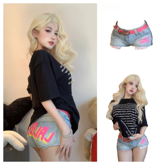 Low Waist Letter Print Women's Shorts Goth Hip