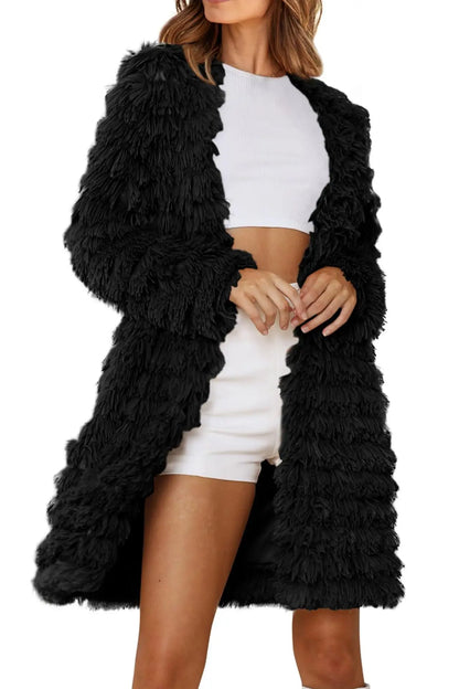 2023 Winter Long Sleeve Faux Fur Jackets - Open Front Long Cardigan Coat