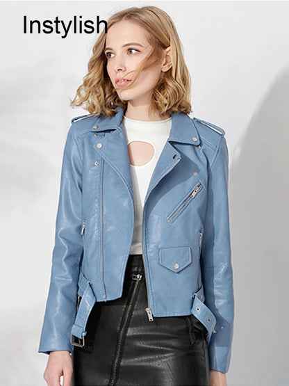 Women's Faux Leather Zipper Jacket - PU Leather, Crop Coat, Motorcycle Biker Outwear