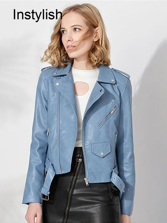 Women's Faux Leather Zipper Jacket - PU Leather, Crop Coat, Motorcycle Biker Outwear