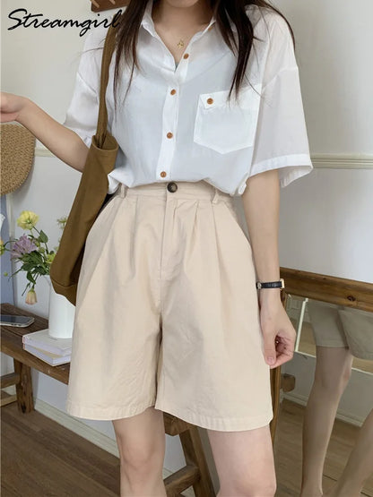 Wide Leg Shorts Women's Summer Cotton High Waist Office