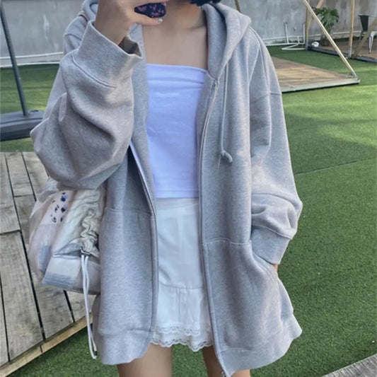 Zip Up Sweatshirt - Oversized Hooded, Korean Style, Loose Long Sleeve Jacket