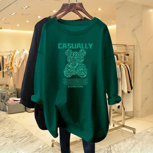 Women Clothing Fashion Long Sleeve T-shirt Spring Autumn Teddy Bear Printing Top Tee Lady Lazy Style Loose Cotton Pullover