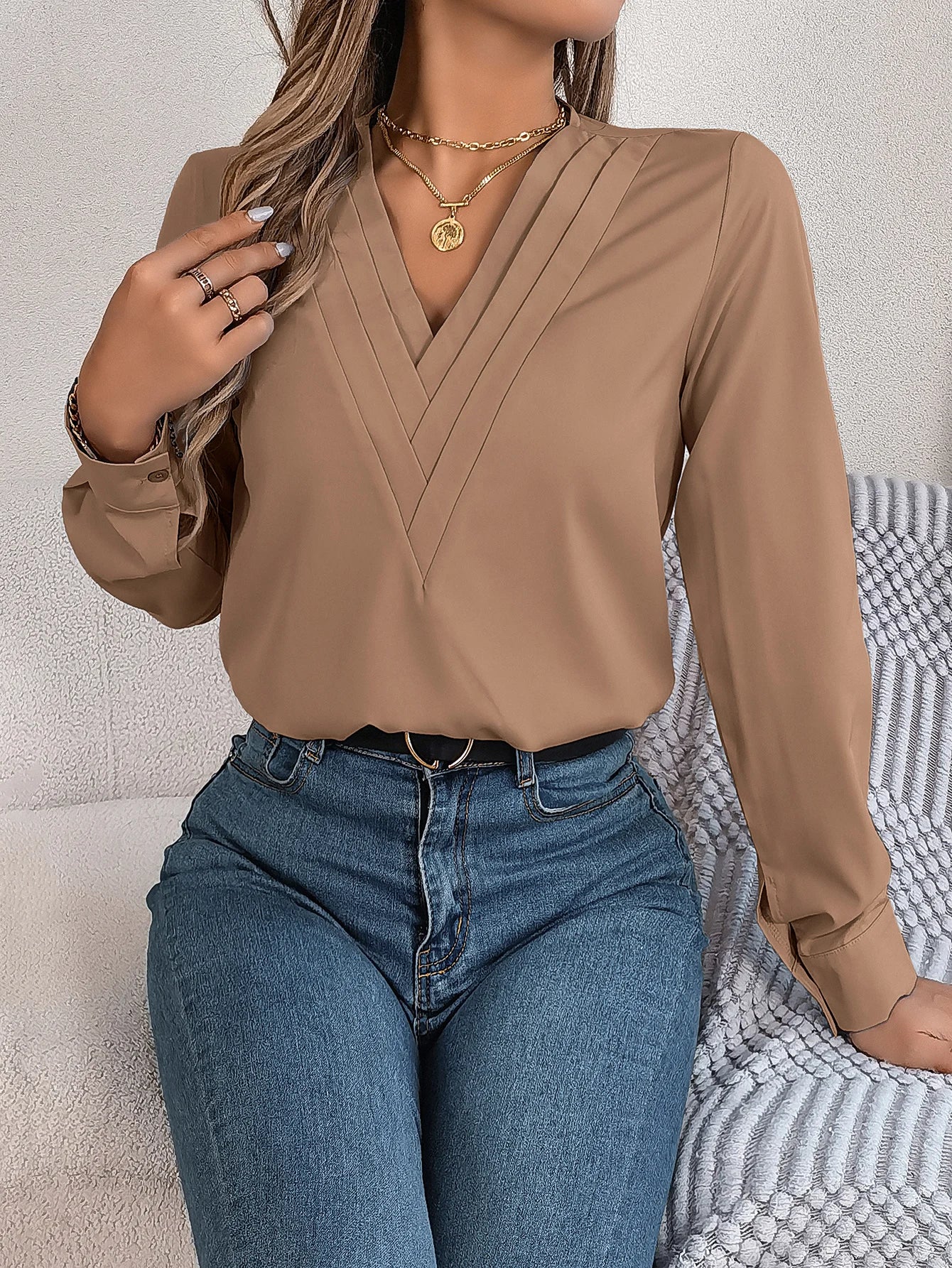 Spring Summer Casual Solid Color Triple V-Neck Long Sleeve Shirt Women Tops