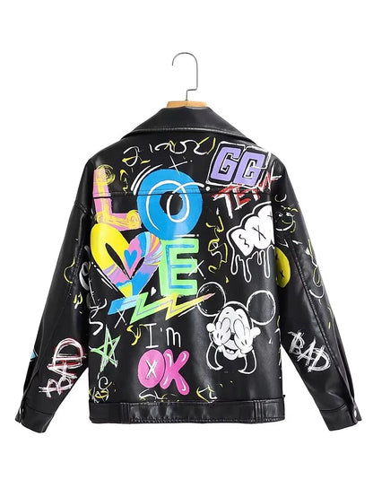 PU Leather Jacket - Graffiti Soft Punk Coat