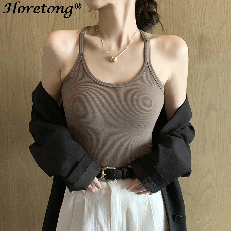 Horetong 2024 Casual Women Halter Crop Tops Summer Sleeveless Camis Sexy Knitted Strap Tank Top Slim Solid Short Female Camis