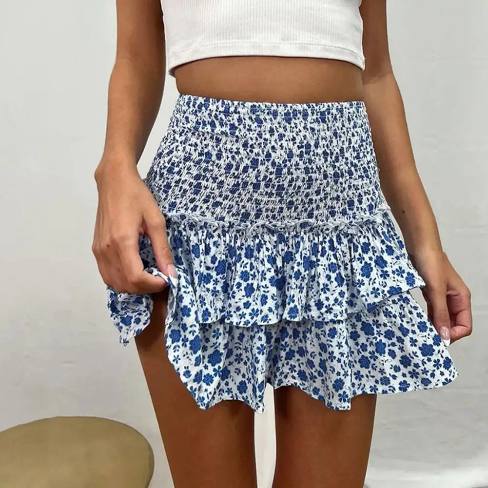 Summer Beach Bohemia Pleated Skirt Ruffles Floral Printed Mini Skirt Elegant