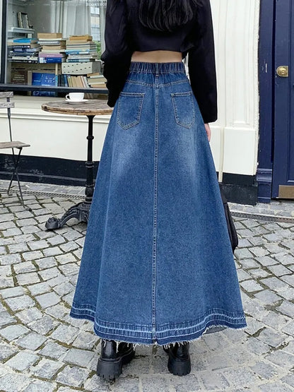 Zhisilao A-Line Long Denim Skirt Women's Vintage Casual Jeans