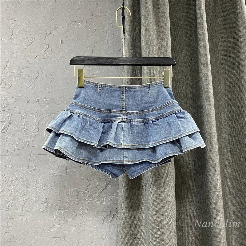 Harajuku High Waist Ruffles Cake Denim Skirt Woman