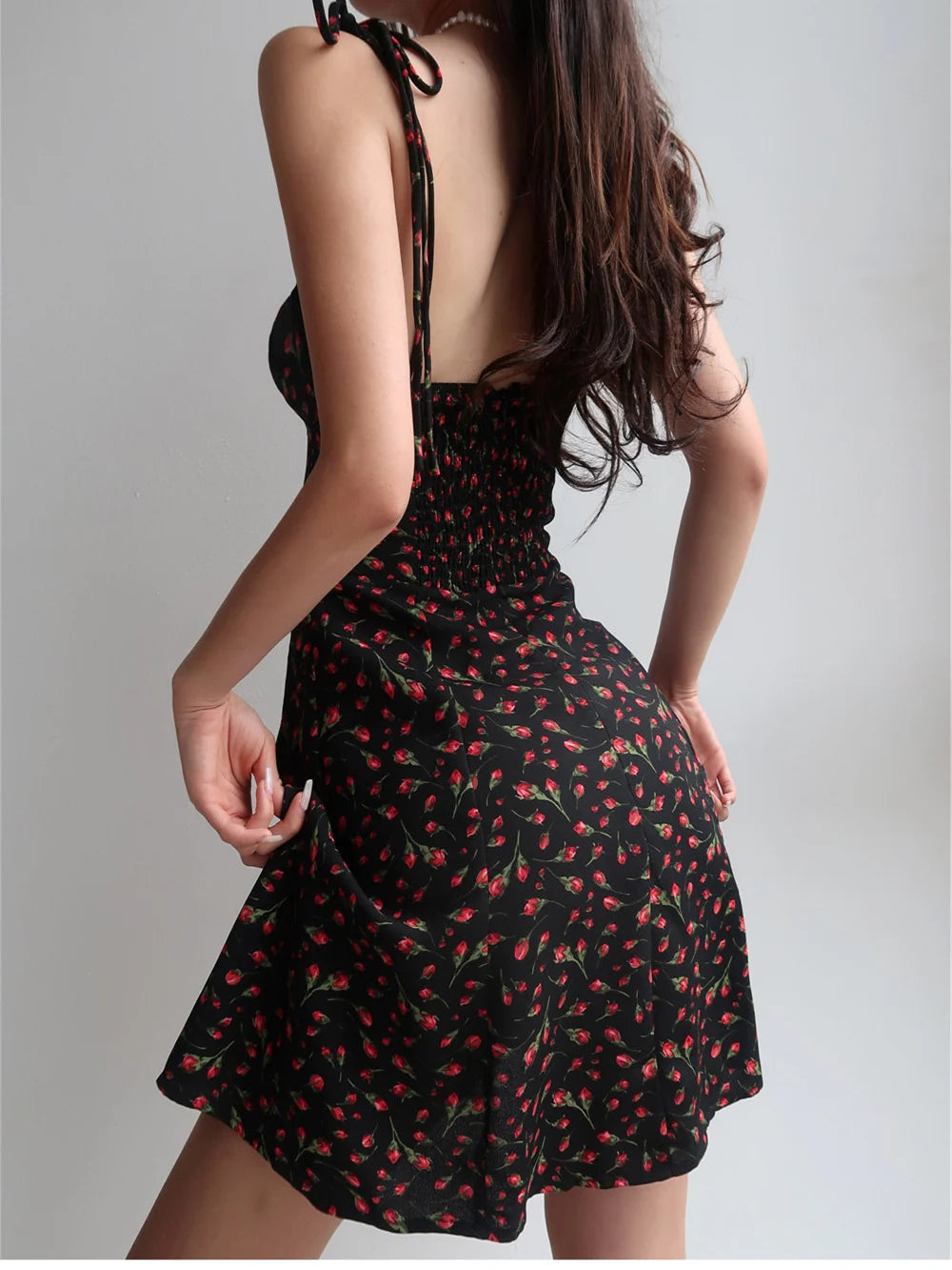 Summer Black Floral Dress - Bandage Suspender Beach Wear