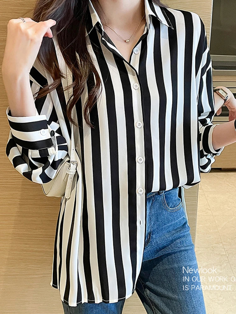 Fashion Black White Striped Print Women's Blouses Casual Long Sleeve Office Lady Blouse Shirts Female Loose Blusas Tops 2024