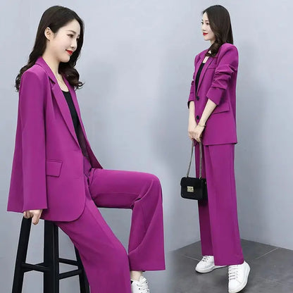 Spring Autumn Thin Women's Blazers Long Pants 2 Piece Set Korean Office Lady Casual Suit Jacket