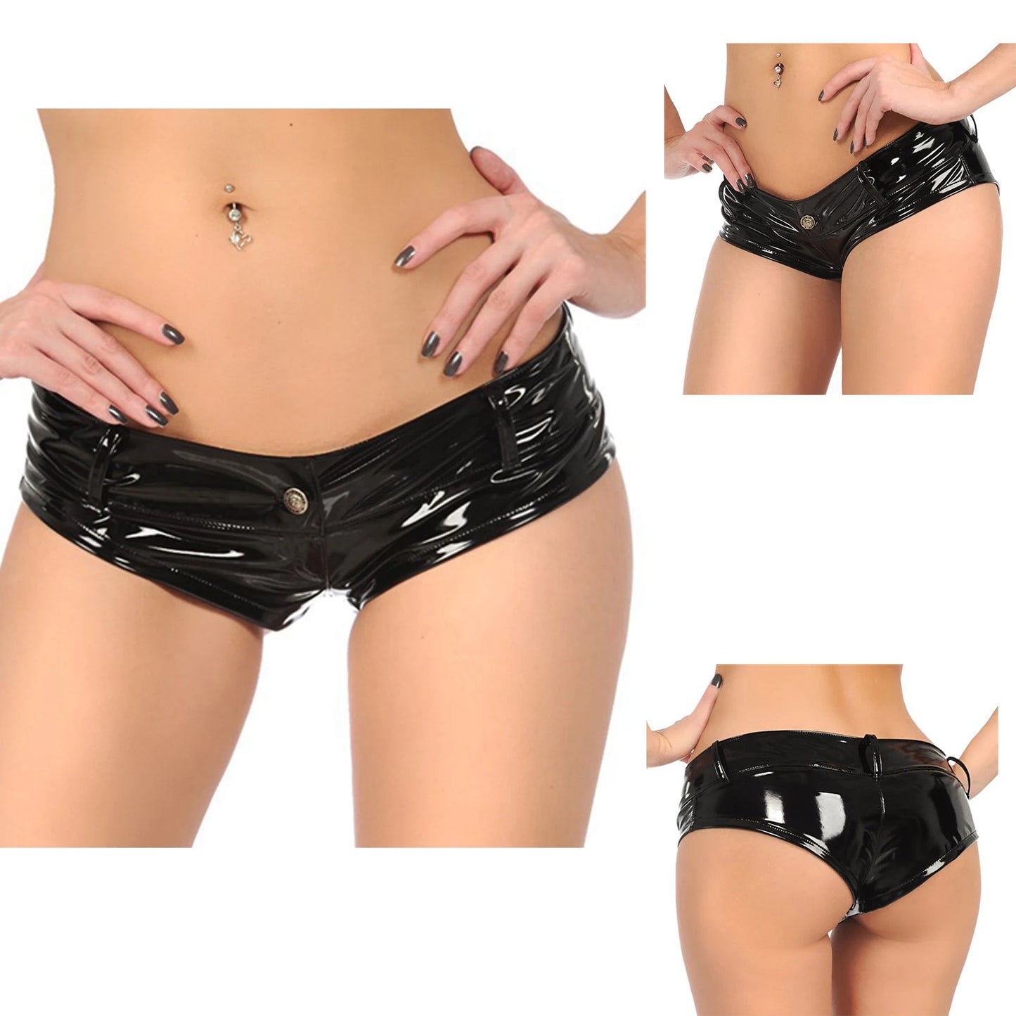 Women's Front Button Rave Booty Shorts Glossy Latex Dance Bottoms