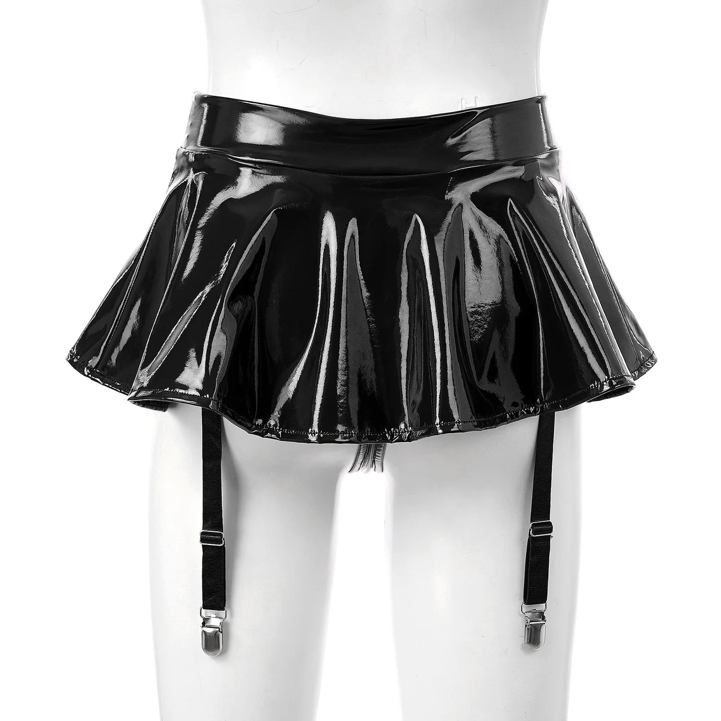 Women's Wet Look Patent Leather Ruffle Mini Skirt Built-In Thongs