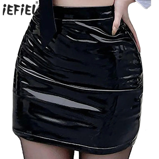 Women's Fashion Patent Leather Mini Skirt Wet Look Zipper Bodycon