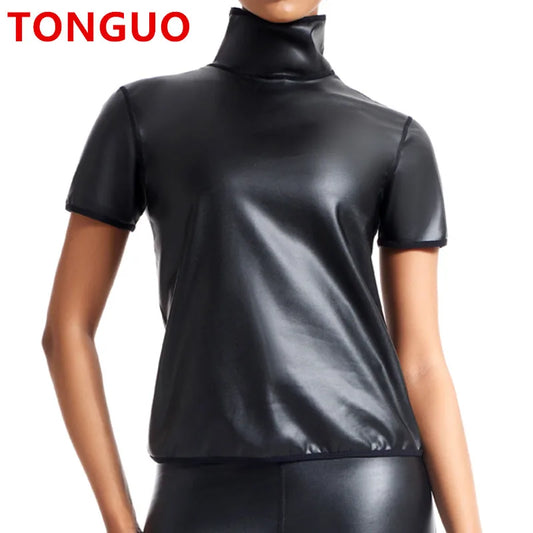 TONGGUO Women Short Sleeve Faux Leather Shirt Lady Motorcycle Leather Shirts Black Top Girl Sexy Leather Nightclub Styles Tshirt