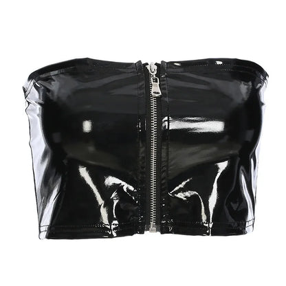 BLK Women Sexy Vest Wet Look Faux Leather PVC Vinyl Shiny Zipper Bandeau Bra Tube Bandage Bralet Crop Tank Top Bralette Bustier