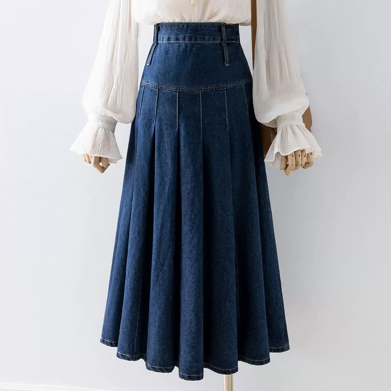 Pleated Jeans Skirts Spring Autumn High Waist Long Washing