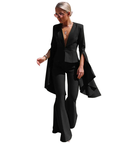 VANHAO Streetwear Chic Sleeve Blazer and Long Flare Pants Two Piece Set