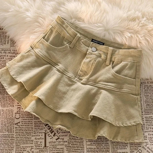 Streetwear Women's Khaki Denim Skirts High Waist Short Jean Skirts Stretch Slim