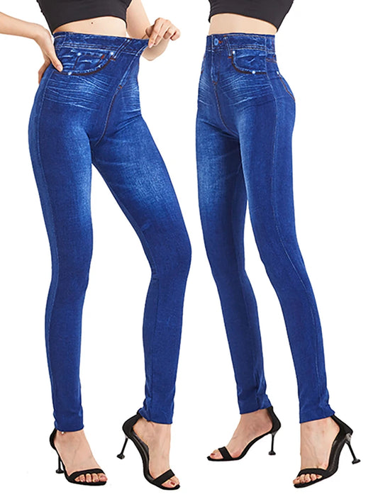 Solid Color Vintage Leggings Stretchy Ladies False Jeans Plus