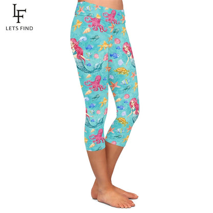 Milk Silk Mermaid Print Capri Leggings High Waist Mid-Calf