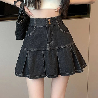 High Waist Mini Jean Skirts Summer A-Line Pleated