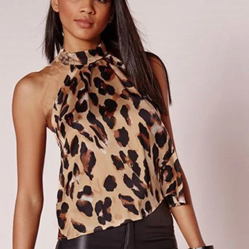 Women Blouses Sexy Leopard Print Ladies Shirts And Tops Halter Blouse Sexy Sleeveless Tops Womens Clothing Summer Female Blouses